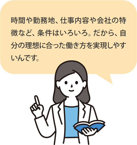 派遣は、時間や勤務地、仕事内容や会社の特徴など、条件はいろいろ。だから、自分の理想に合った働き方を実現しやすいんです。