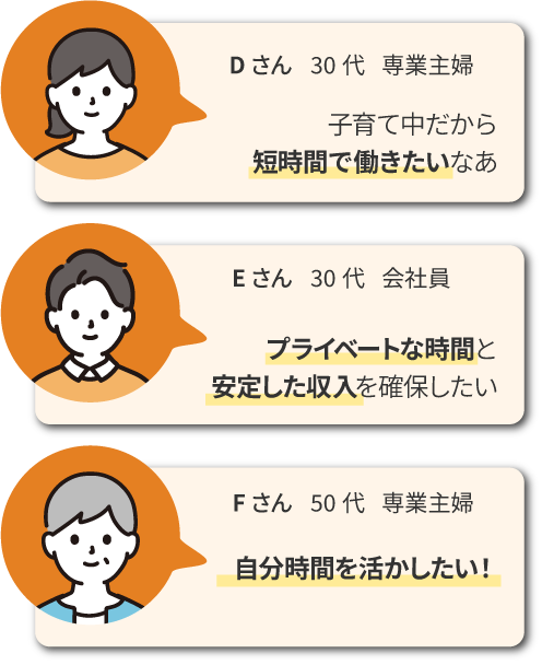「子育て中だから短時間で働きたいなあ」「プライベートな時間と安定した収入を確保したい」「自分時間を活かしたい！」